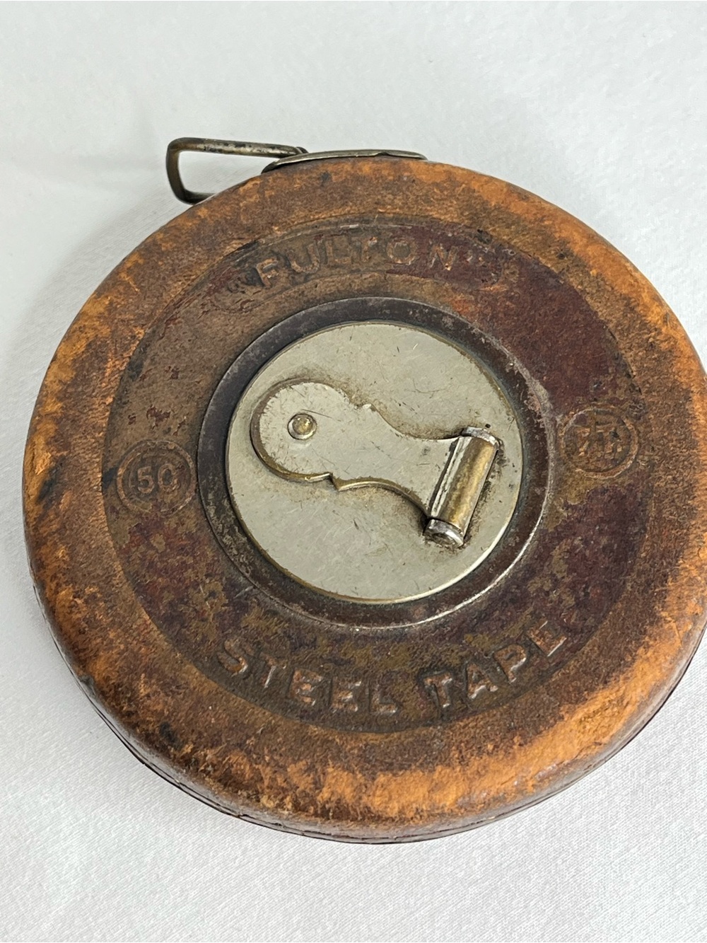 Vintage MCM Fulton Steel Tape Measure Stitched in Brown Leather Case.